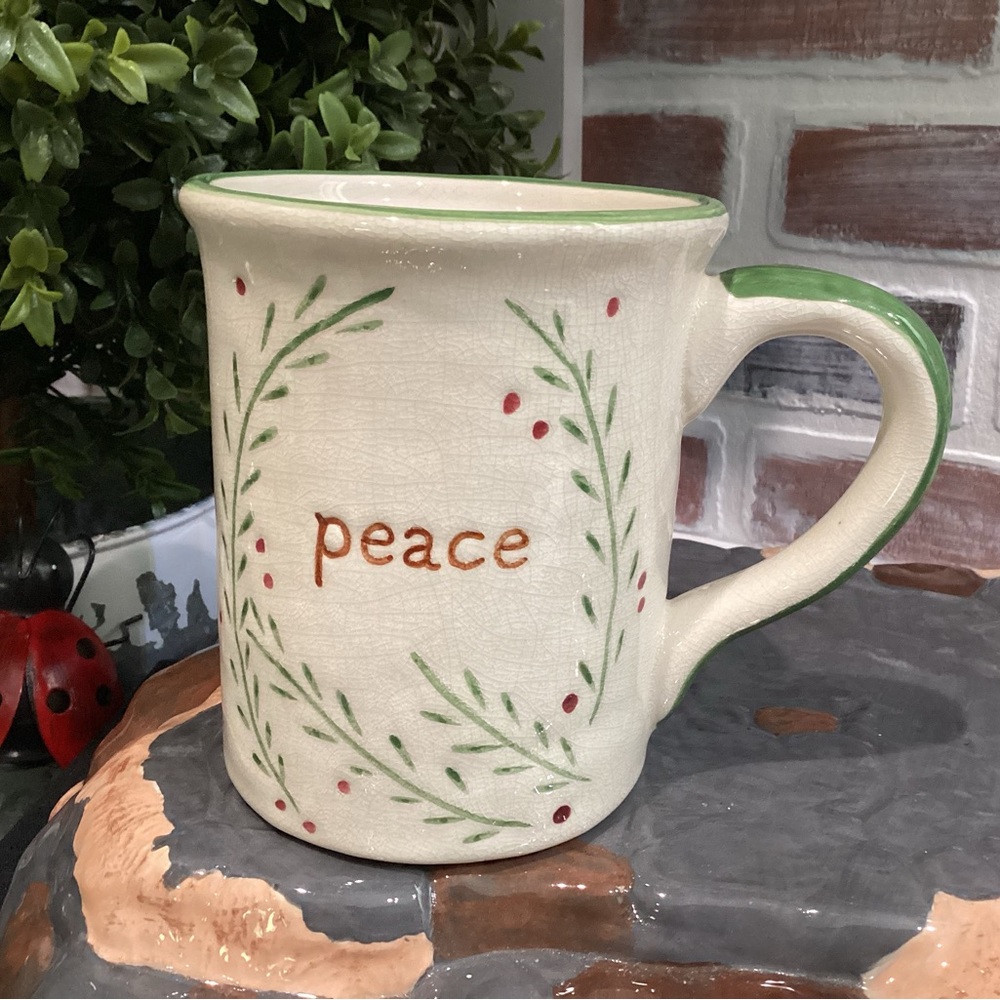🟢 Vintage - Ceramic Crafted “Peace” themed Coffee or Tea Mug / Cup - Huge - Nice